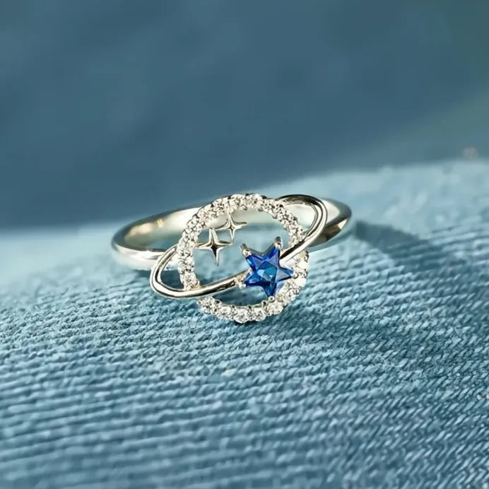 Silver Tone Blue Stars Planet Ring with Cubic Zirconia for Women
