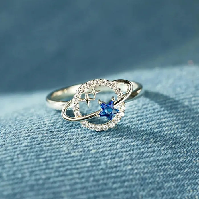 Planet Finger Ring for Women Blue Stars Silver Brass Cubic Zirconia Jewelry