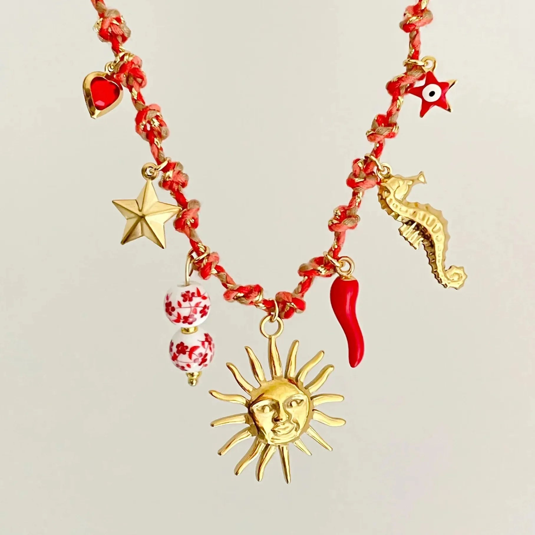 Stainless Steel Gold-Plated Starfish Turtle Knotting Rope Pendant Necklace