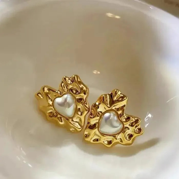 Stainless Steel Geometric Corrugated Heart Pearl Earrings for Women Stylish Jewelry