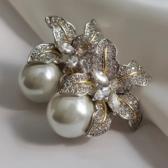 Luxury Flower Pearl Stud Earrings with Copper Alloy & CZ Stone