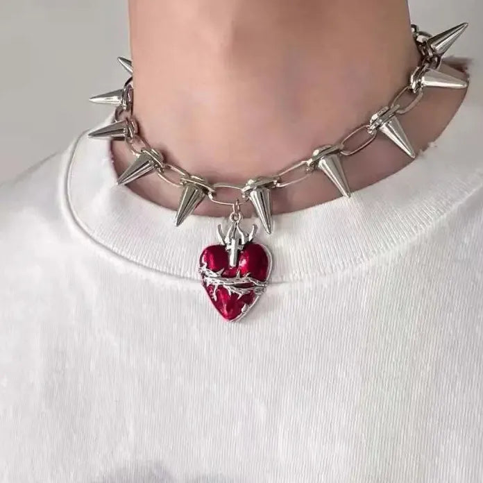 Punk Gothic Red Heart Pendant Necklace Metal Rivet Spike Choker Unisex