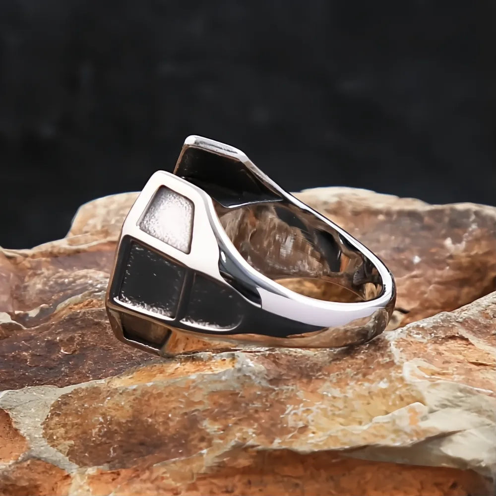 1️⃣ Black Stone Ring Stainless Steel Viking Punk Biker Ring for Men Women