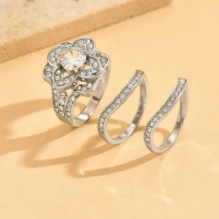 Elegant 3-Piece Women's Engagement Ring Set with Sparkling Zircon Flowers Zinc Alloy