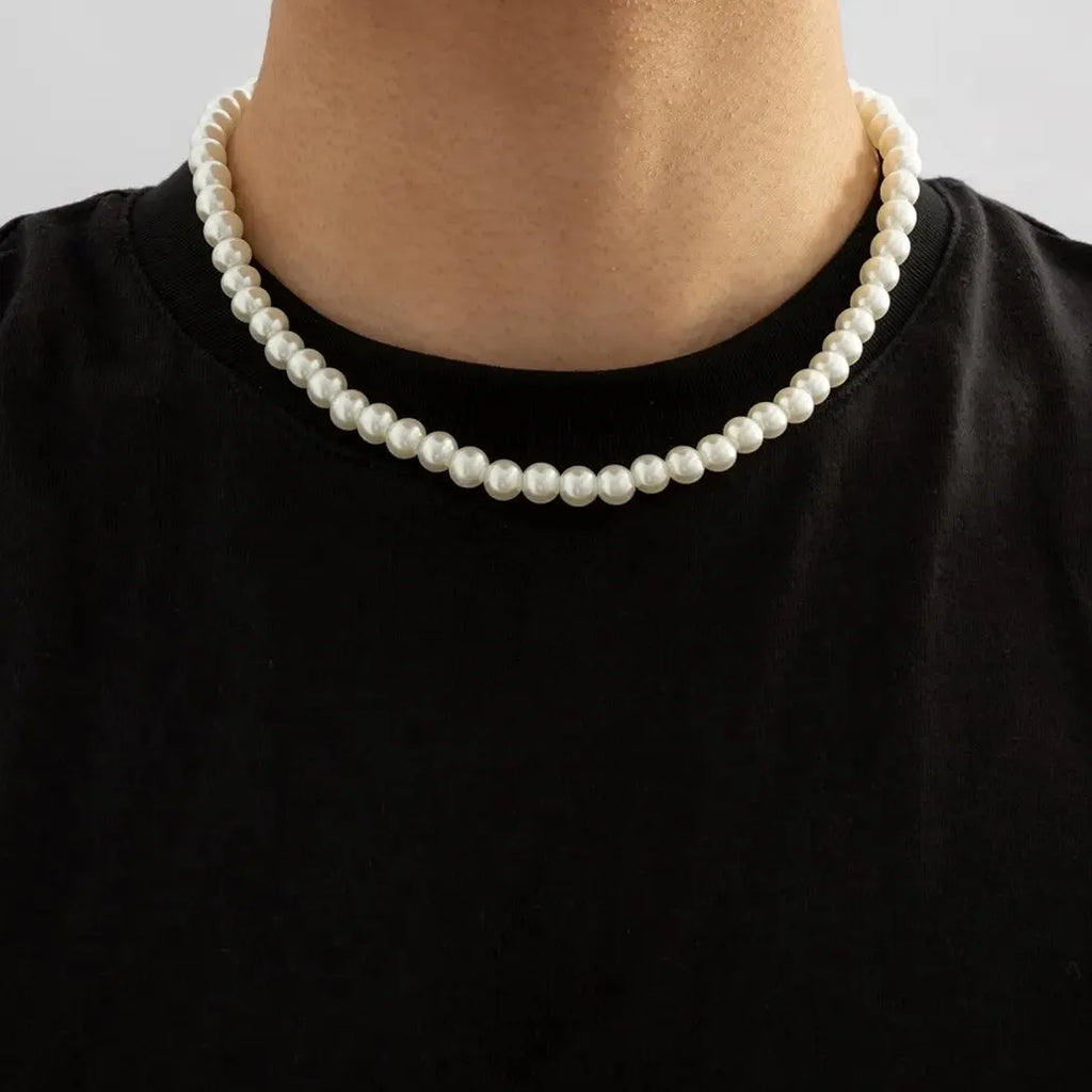 Men's Trendy White Imitation Pearl Beaded Short Choker Necklace 2026