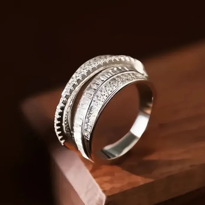 Multi-layer Geometric Cubic Zirconia Brass Ring for Women