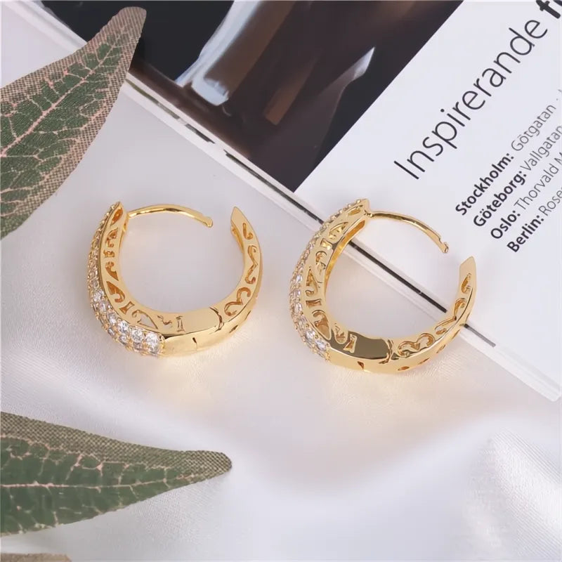 Luxury Gold Color Cubic Zirconia Paved Hollow Out Hoop Earrings for Women Fashion Jewelry