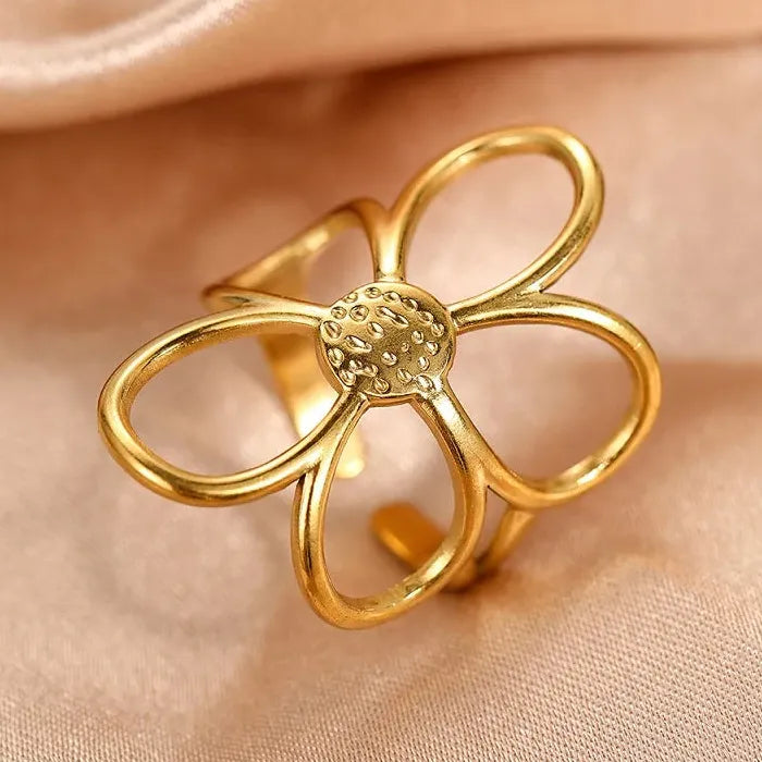 Adjustable Stainless Steel Flower Rings Set for Women Gold Tone Jewelry