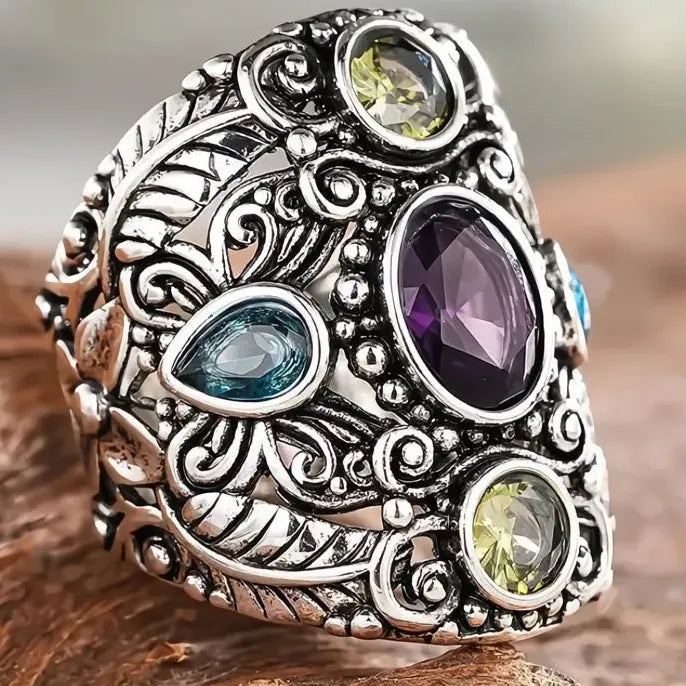 Vintage Women’s Silver Brass Geometric CZ Cocktail Ring Multicolor Party Jewelry