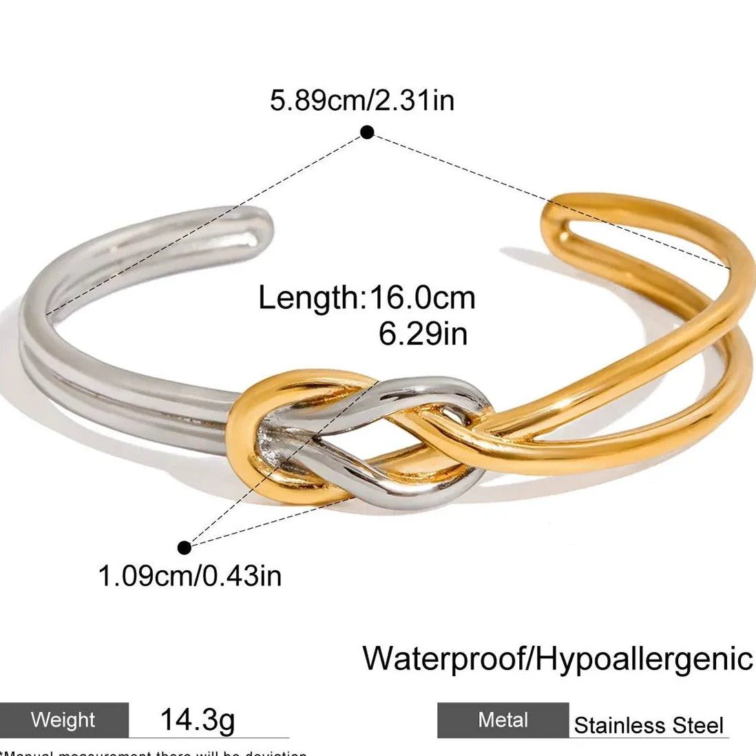 French Style Two-tone Knot Geometric Stainless Steel Cuff Bracelet Women