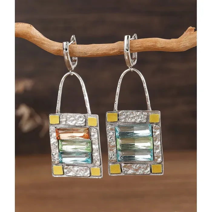 Vintage Inlaid Green Blue Zircon Drop Earrings for Women Zinc Alloy Jewelry