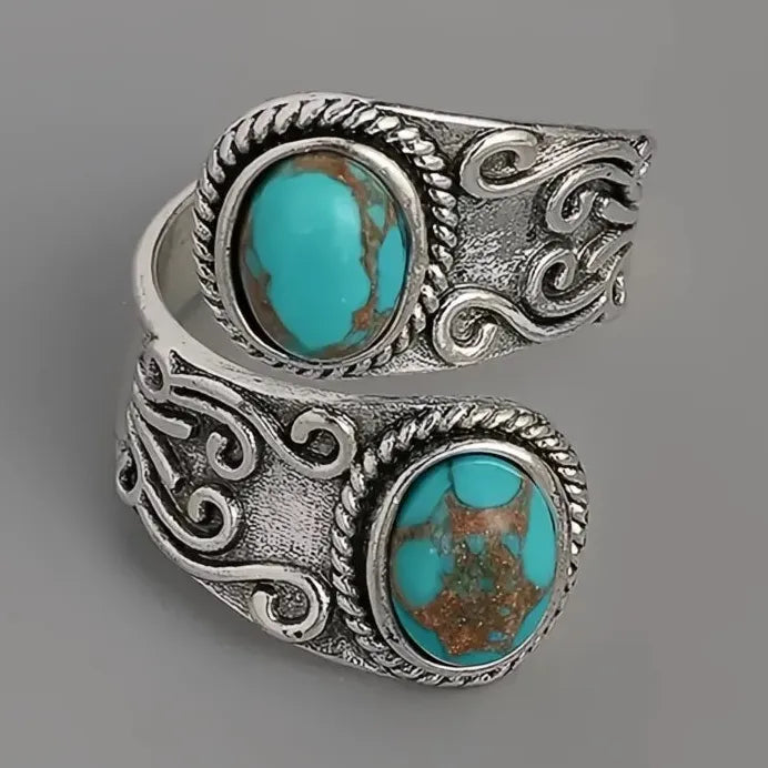 Adjustable Vintage Boho Cross Band Ring with Imitation Turquoise Stone