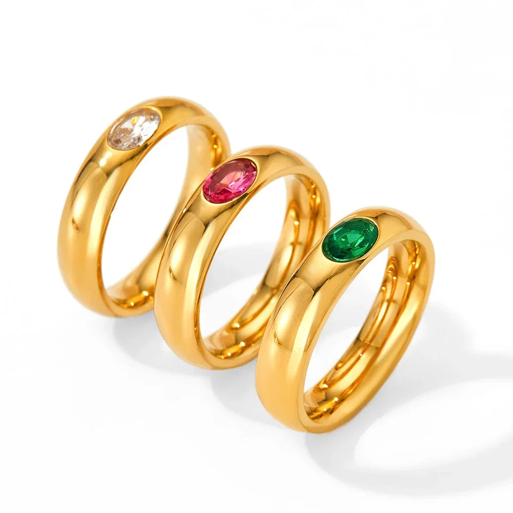 18K Gold Plated Stainless Steel Oval Zircon Crystal Wedding Ring for Women