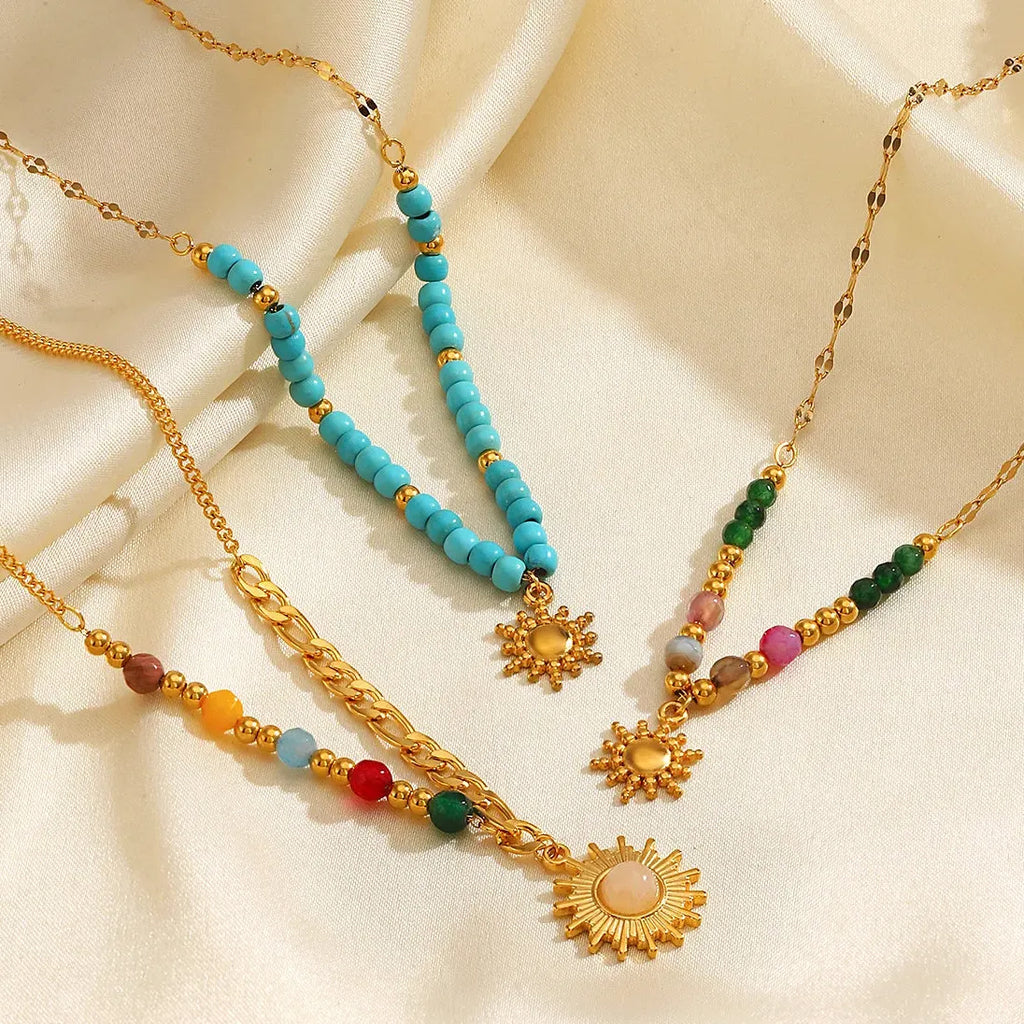 Boho Handmade Pink Opal Beads Necklace Stainless Steel Sun Pendant Chain Jewelry