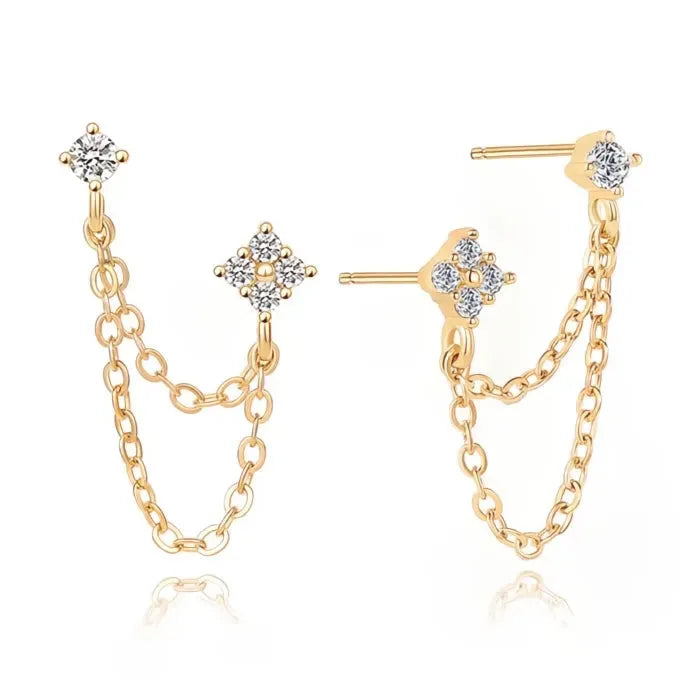Copper Alloy Cubic Zirconia Double Piercing Tassel Drop Earrings for Women Stylish Geometric Design