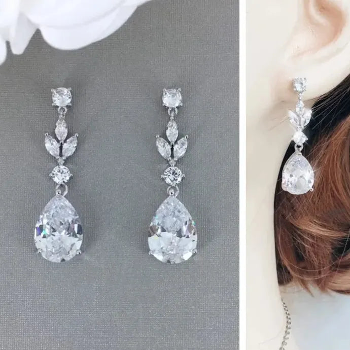 Water Drop Cubic Zirconia Dangle Earrings Silver Color Zinc Alloy Wedding Engagement