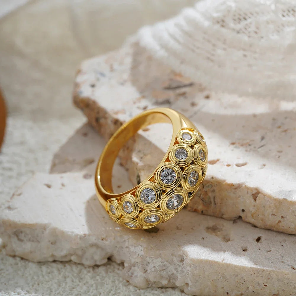Italy Geometric CZ Zircon Wide Dome Sparkling Wedding Ring Stainless Steel Jewelry