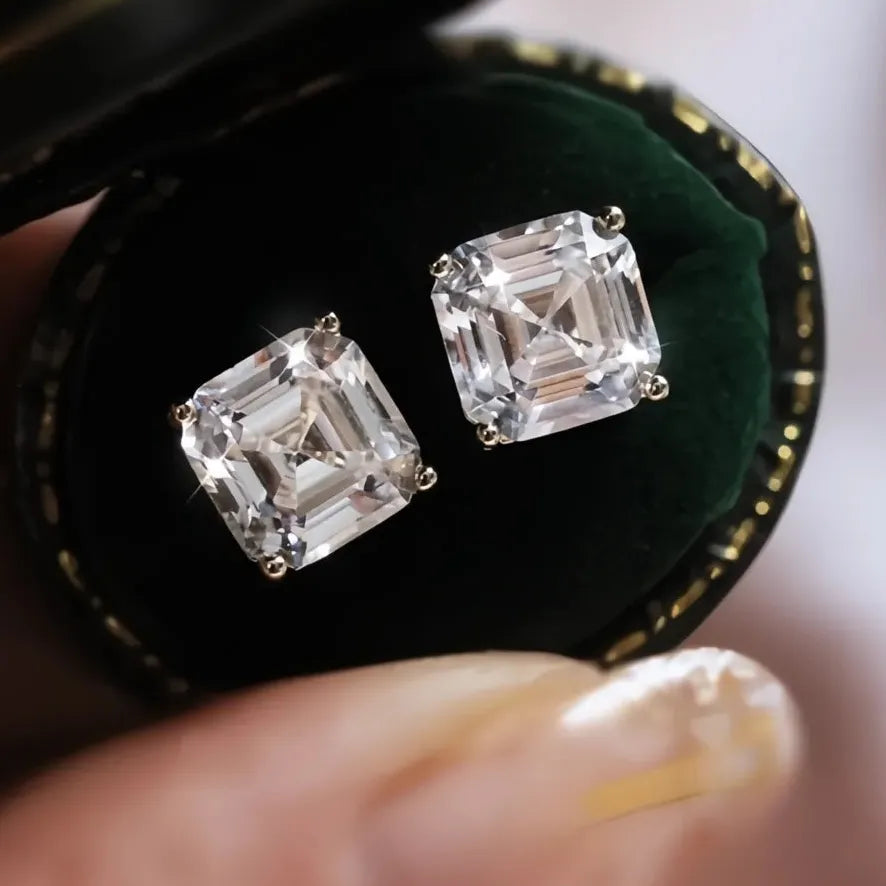 Green Cubic Zirconia Square Stud Earrings for Women in Copper Alloy