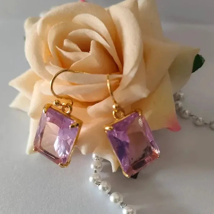 Natural Amethyst Drop Earrings for Women Cubic Zirconia Zinc Alloy Gift