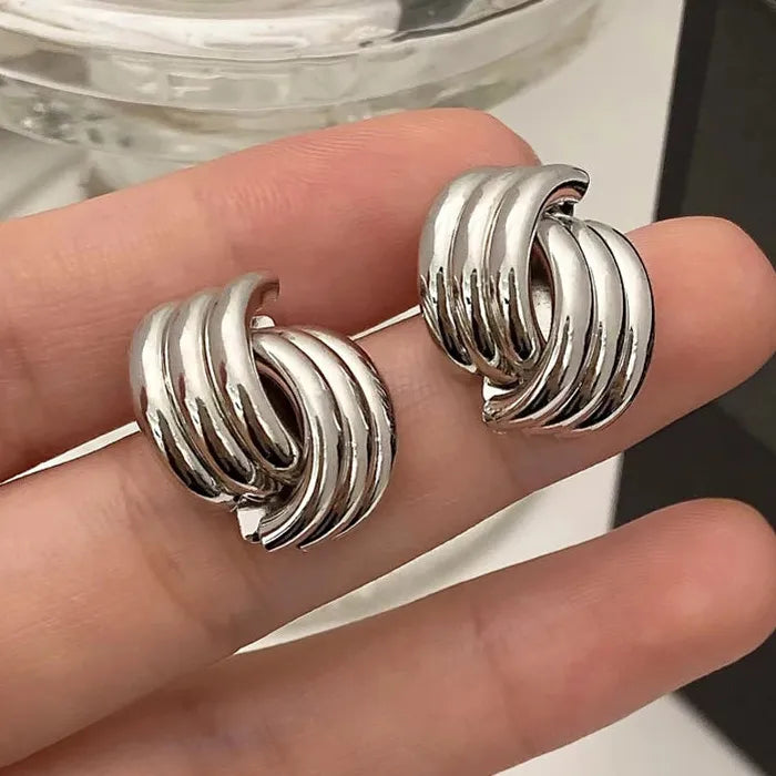 Vintage Glossy Three-Layer Textured Knot Zinc Alloy Stud Earrings for Women