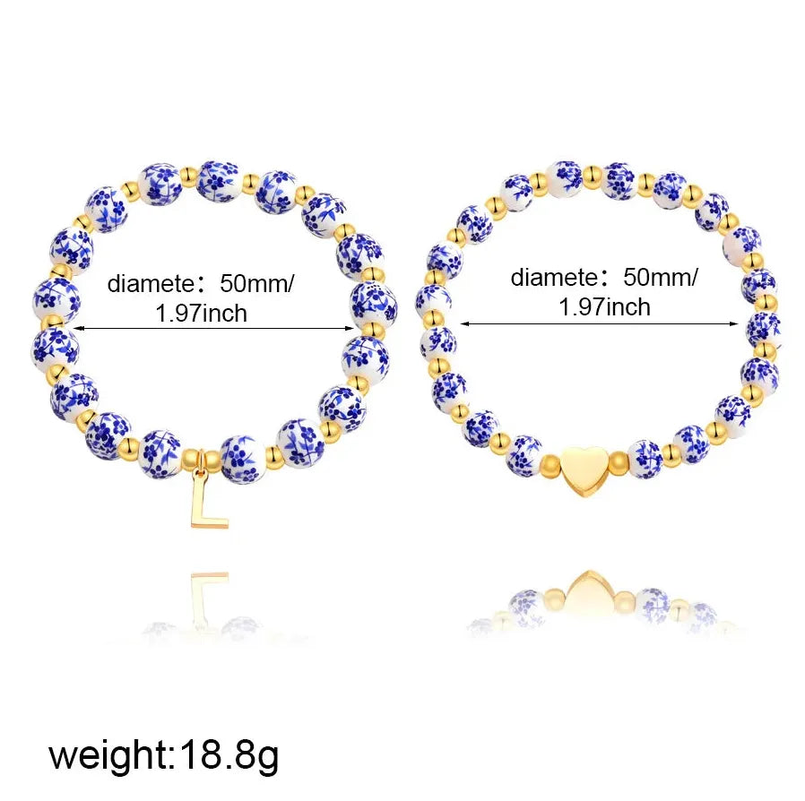 2 Pcs Handmade Blue White Porcelain Letter B Elastic Beaded Bracelet Jewelry Gift