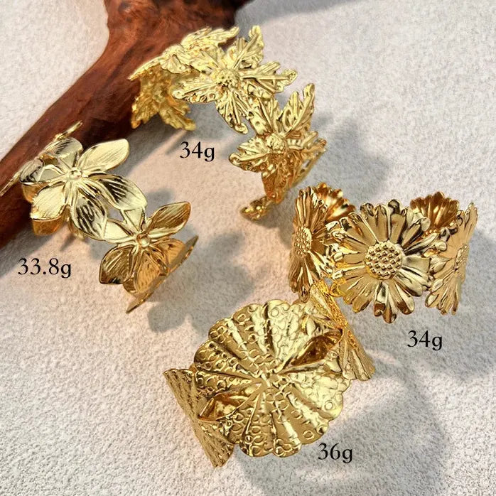 Retro Gold Stainless Steel Wide Cuff Bracelet for Women Daisy Lily Ginkgo Leaf