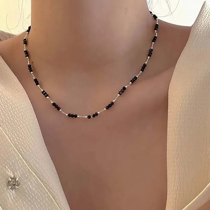 Vintage Black Crystal Glass Bead Chain Choker Necklace Women Handmade Jewelry