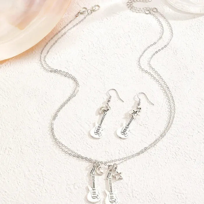 Guitar Star Moon Pendant Necklace and Earrings Zinc Alloy Jewelry Gift