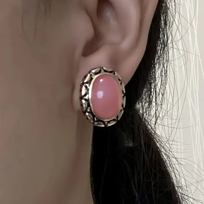 Retro Natural Rouge Pink Gemstone Earrings Zinc Alloy Arabic Ethnic Style Jewelry