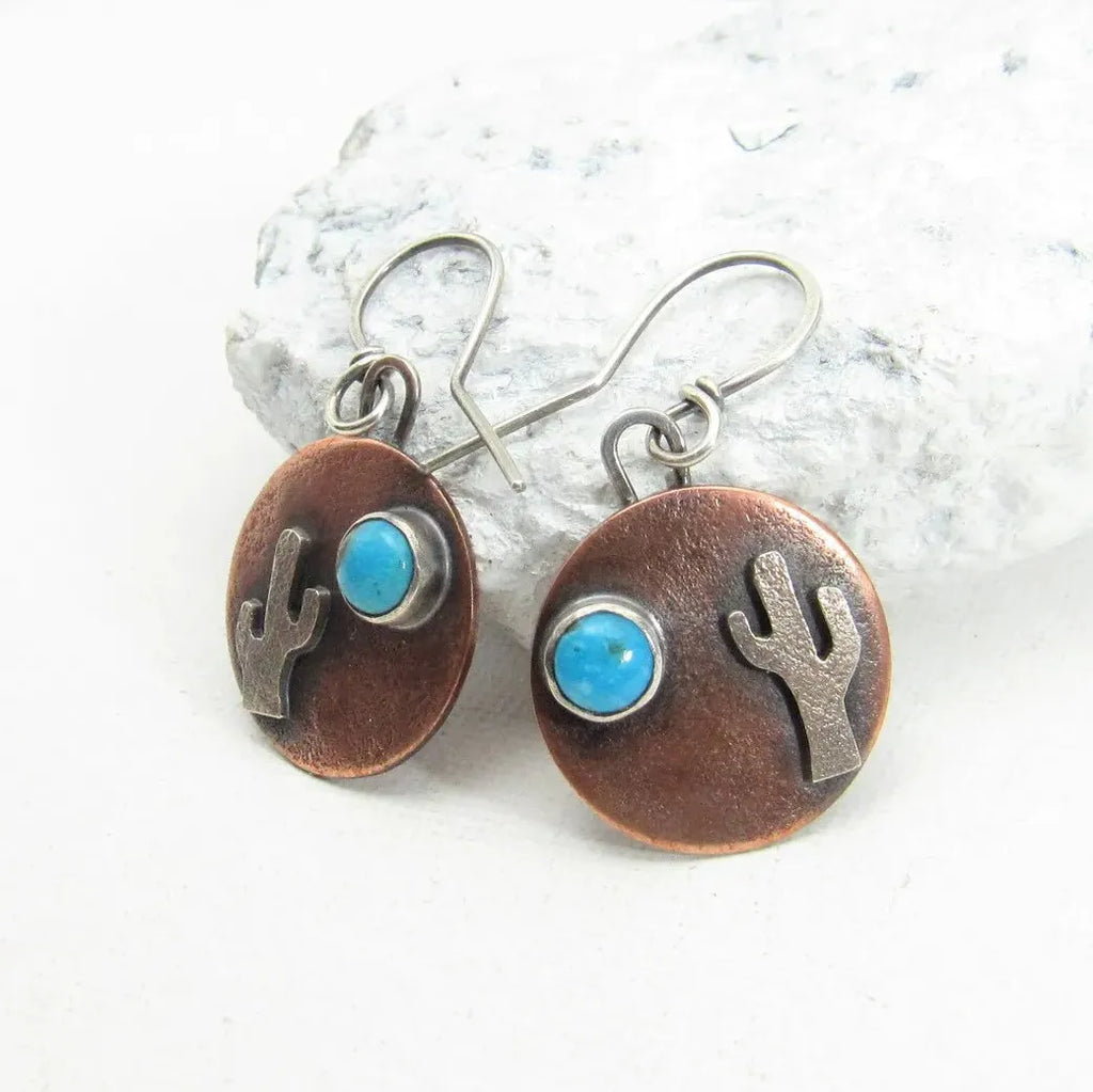 Vintage Silver Zinc Alloy Round Cactus Carved Drop Earrings for Women