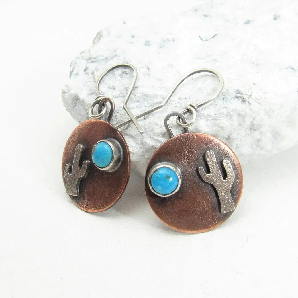 Vintage Silver Zinc Alloy Round Cactus Carved Drop Earrings for Women