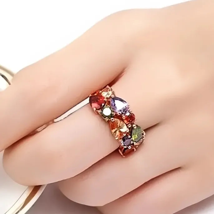 Rose Gold Brass Wedding Ring with Geometric Colorful Cubic Zirconia Design