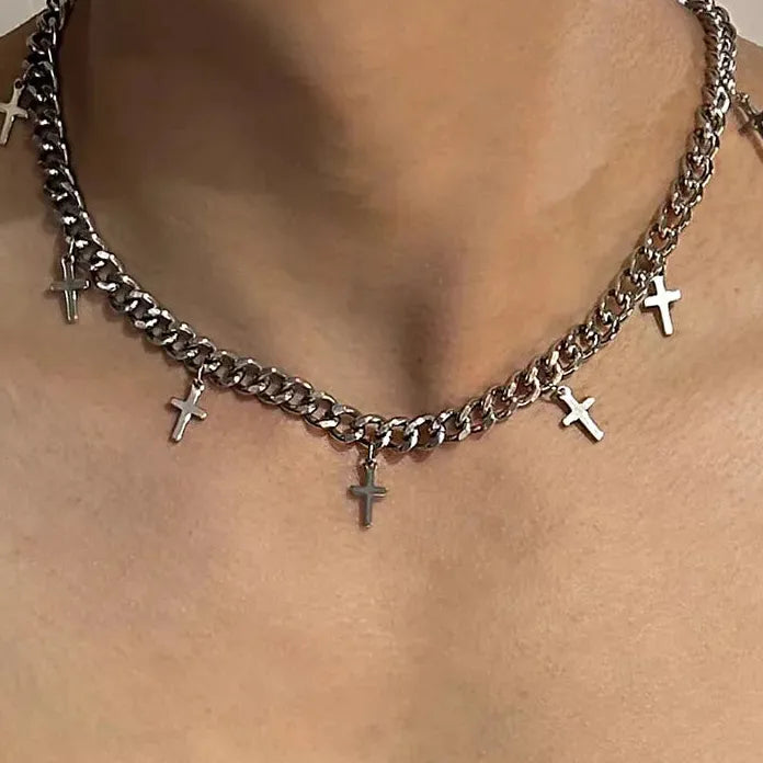 Punk Hip Hop Gothic Metal Rivet Cross Choker Necklace Y2K Trendy Pendant