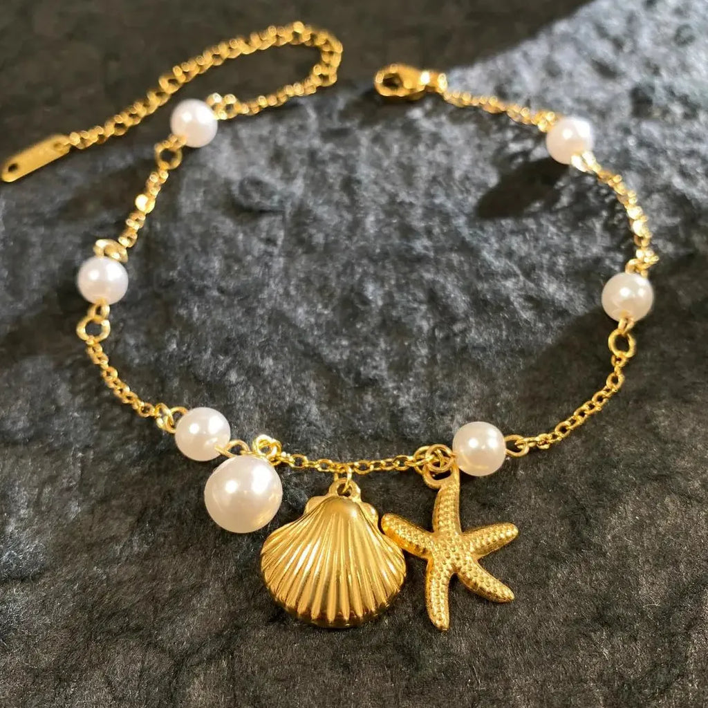 Stainless Steel Pearl Starfish Chain Bracelet Bangle for Women Ocean Jewelry
