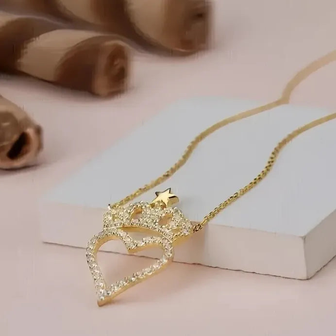 Sweet Crown Heart Pendant Necklace for Women CZ Anniversary Gift