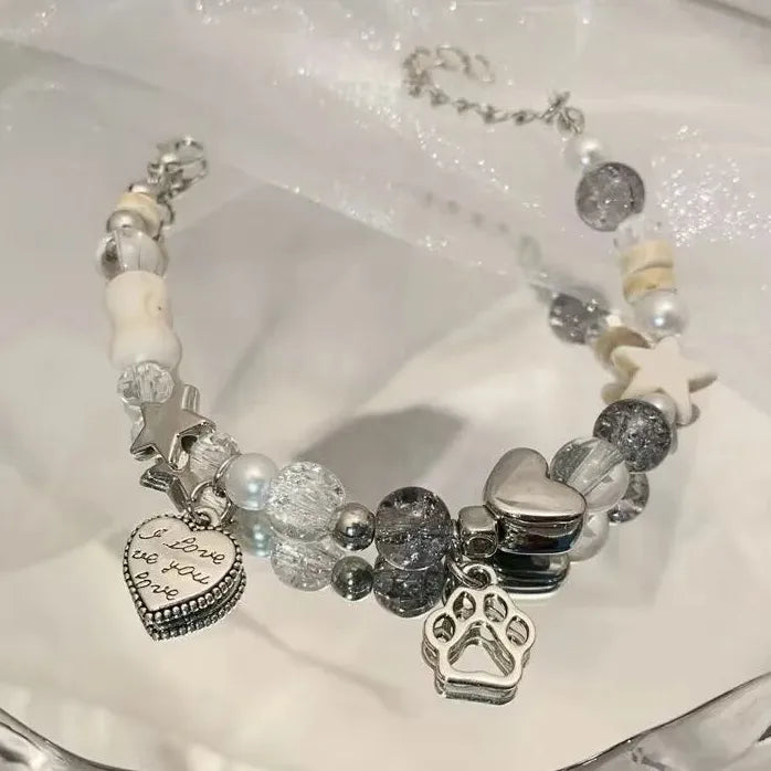 Adjustable Heart Star Cat Paw Bone Beaded Charm Bracelet for Women Gift