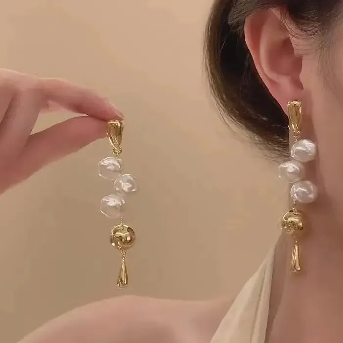 Korean Geometric Pearl Tassel Drop Earrings for Women Zinc Alloy Jewelry