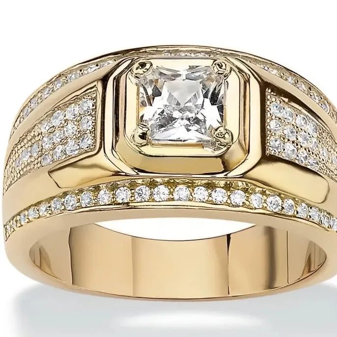 Men’s Gold Brass Geometric Wedding Band with Cubic Zirconia Engagement Ring
