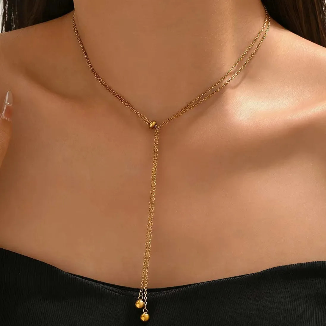 100cm Double Layered Round Ball Pendant Y-Shaped Necklace for Women Jewelry