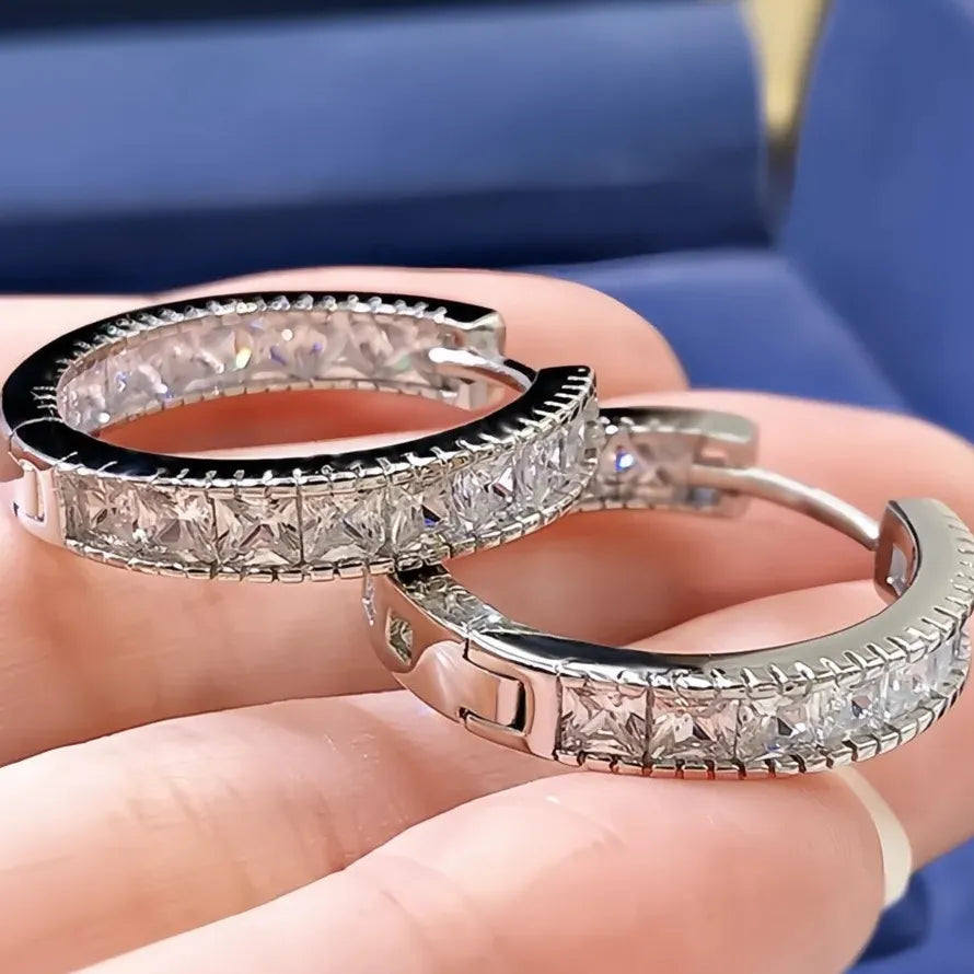 Luxury Silver Color Geometric Square Cubic Zirconia Hoop Earrings for Women