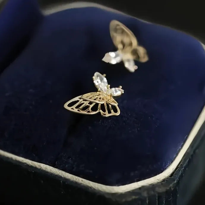 Gold Butterfly Stud Earrings for Women with CZ Stones Copper Alloy
