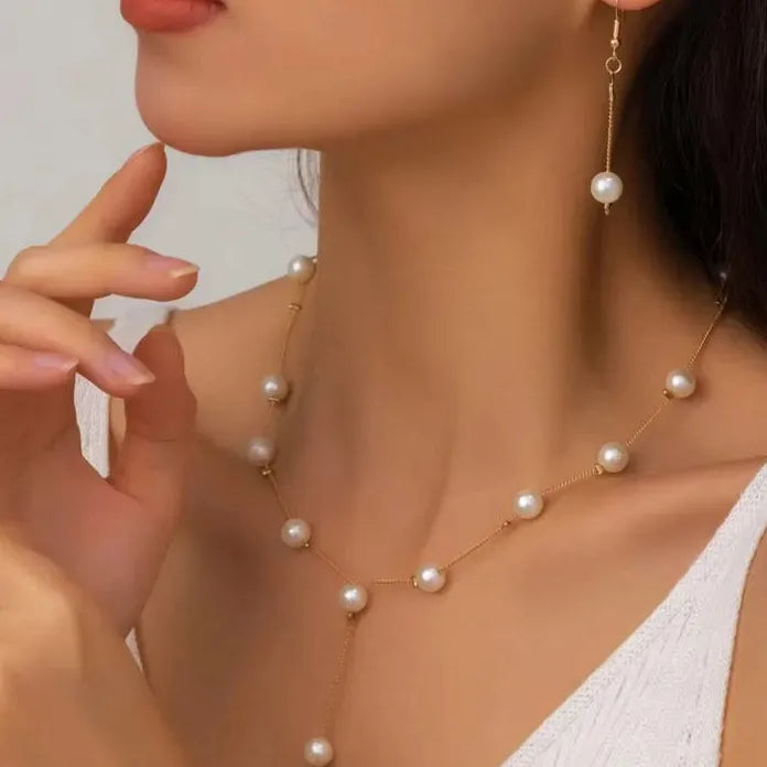 3Pcs Korean Gold Pearl Choker Necklace Earrings Set Fashion Jewelry