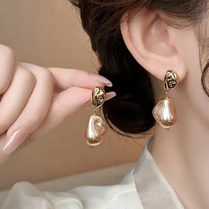 Irregular Champagne Pearl Drop Earrings Bridal Wedding Jewelry Gift Women