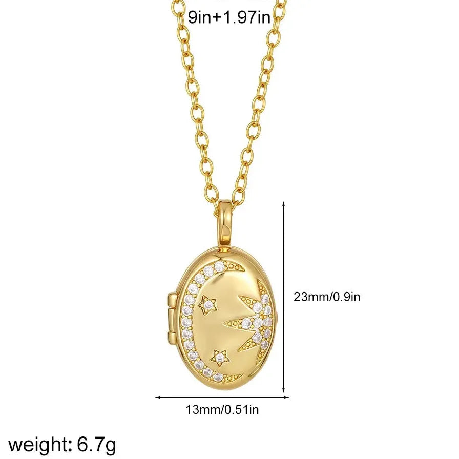 Sun Moon Star Openable Photo Frame Necklace Stainless Steel 18K Gold Jewelry