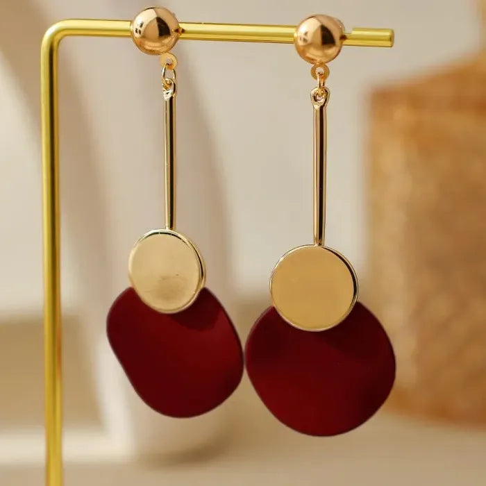 Retro Irregular Geometric Gold Metal Drop Earrings with Red Pendant for Ladies