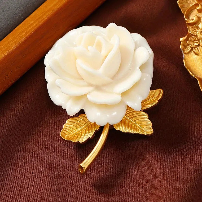 Vintage White Rose Brooch Elegant Women's Fashion Pin Corsage Accessory