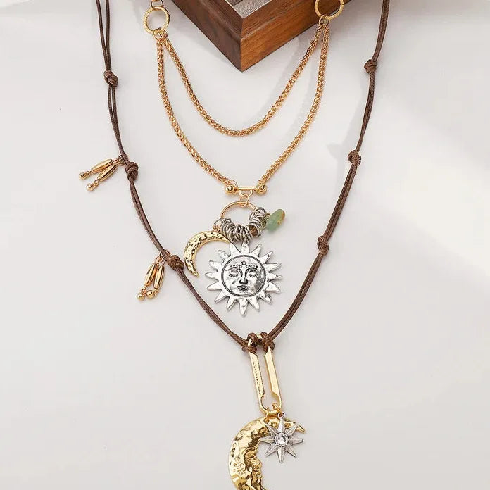 Layered Moon Sun Pendant Necklace for Women Zinc Alloy Vintage Punk Jewelry