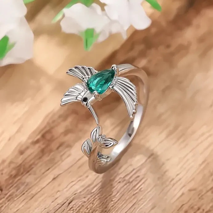Brass Bird Cocktail Ring with Green CZ for Women Fashion Party Jewelry