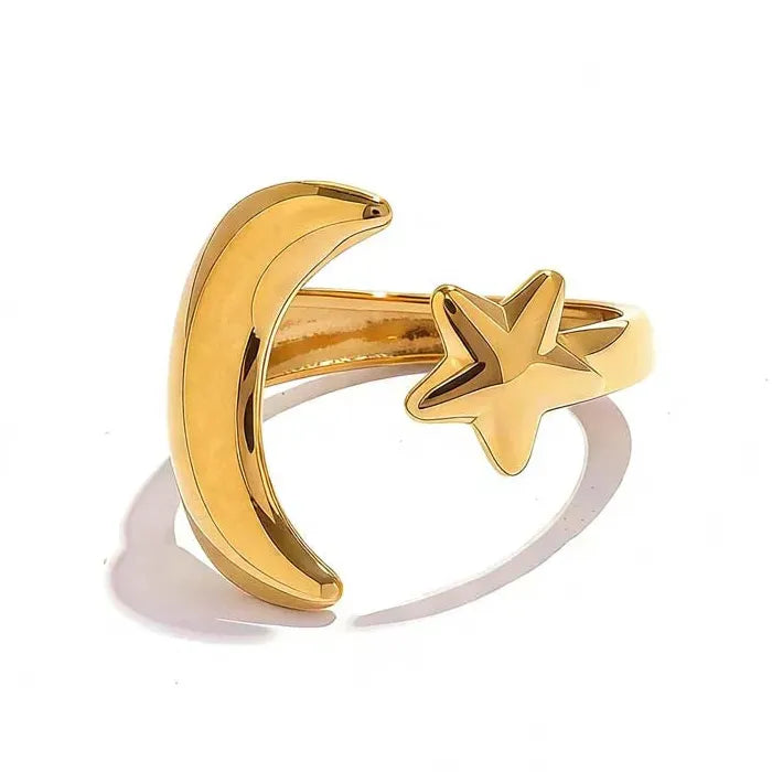 Adjustable Stainless Steel Gold Star Moon Ring for Women Celestial Gift