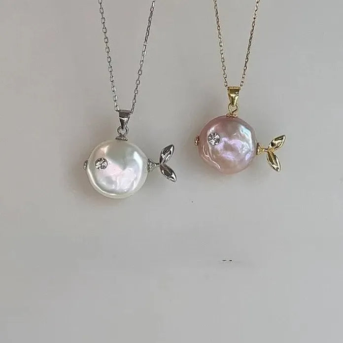 Stainless Steel Pearl Geometric Bighead Fish Necklace Couples Choker Gift